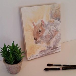 Squirrel Watercolor print on Wood Panel. 8" X 11" Gift.
